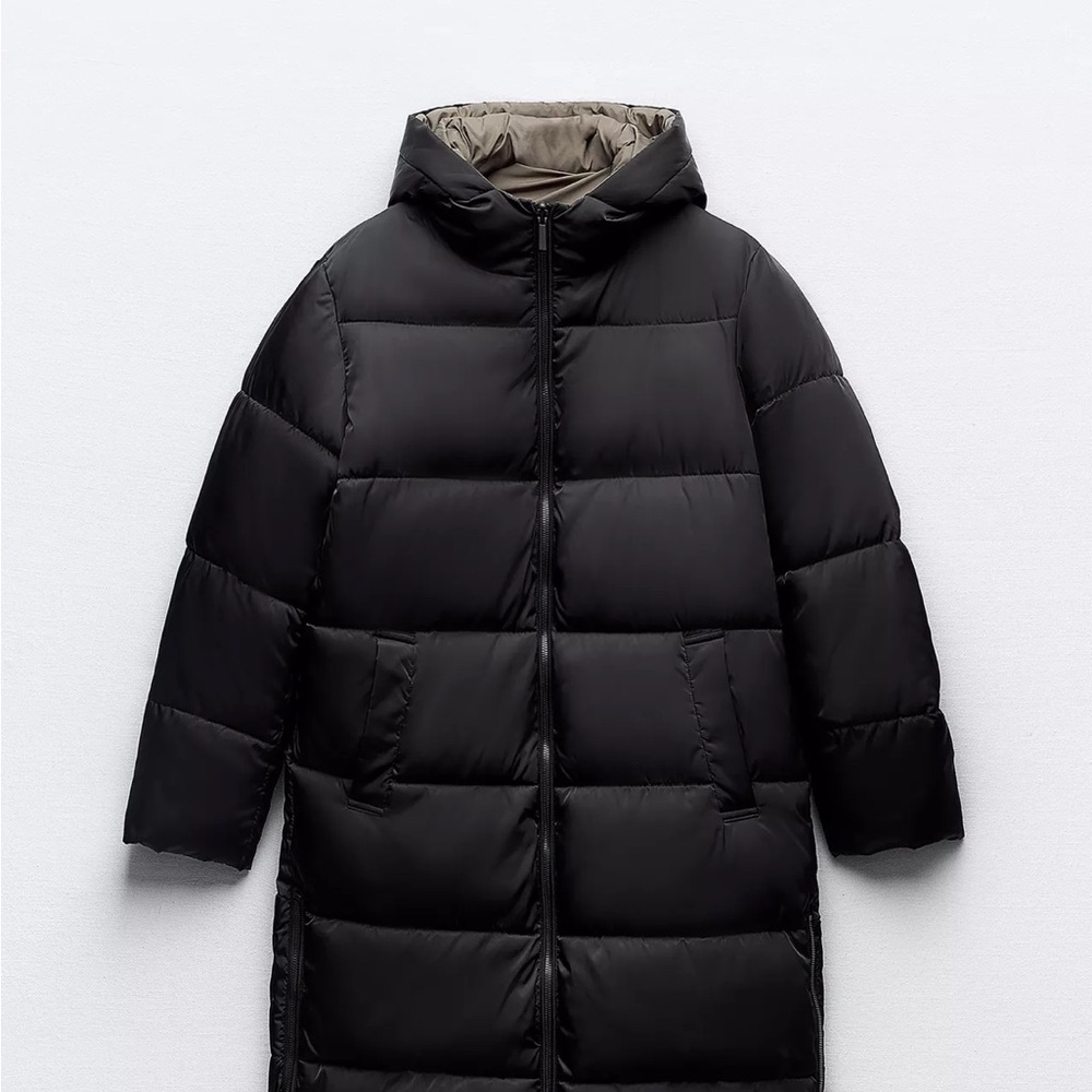 ZARA Reversible Long Black Puffer Coat with Hood
